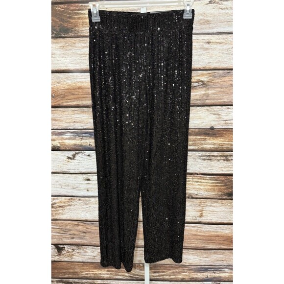 Maurices Black Sequin Pants Small Regular Pull-On Wide Leg Lined Party Evening - Picture 4 of 7